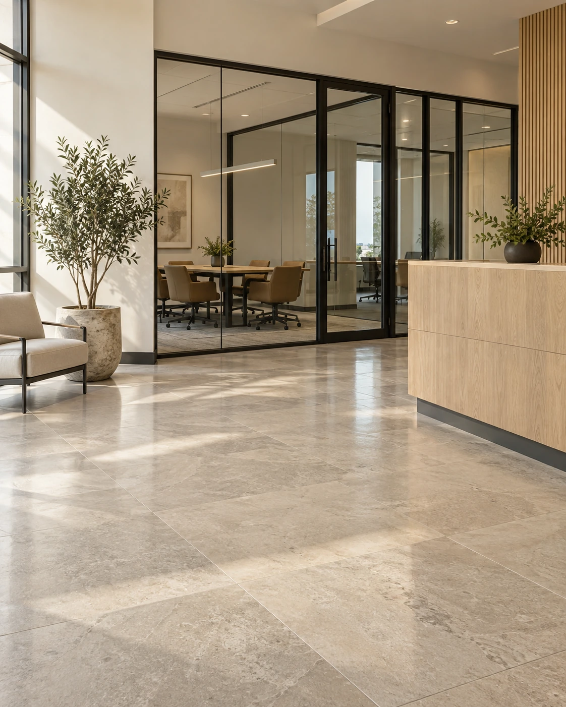 Sunlit, carefully maintained commercial office lobby