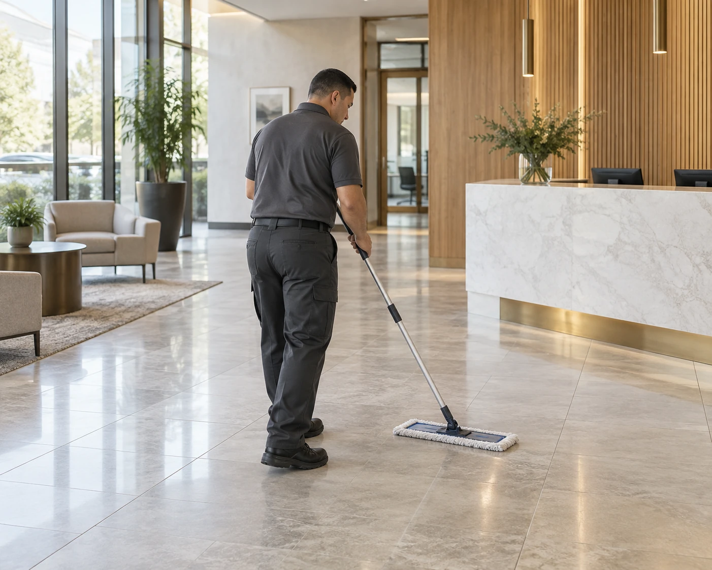 Illustrative image of a cleaning professional mopping a commercial lobby