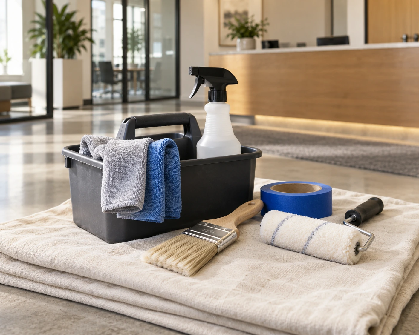 Illustrative painting and cleaning equipment in a finished commercial interior